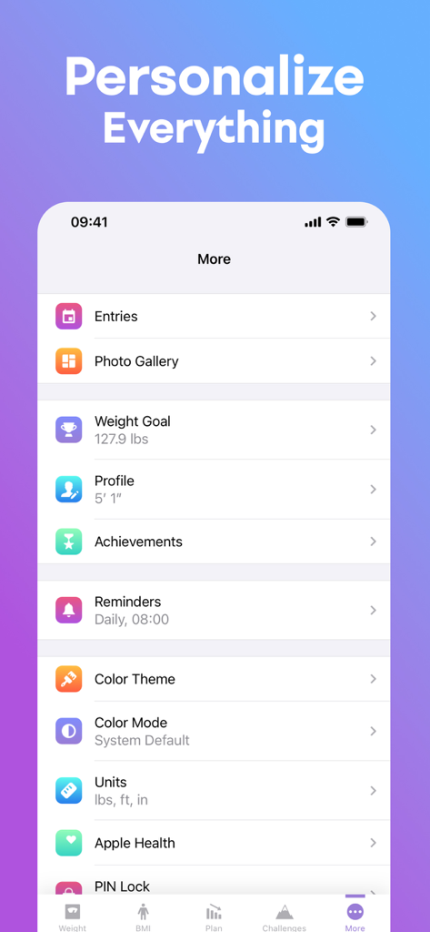 Better Weight app personalization settings screen showing options for color themes, units, and Apple Health integration