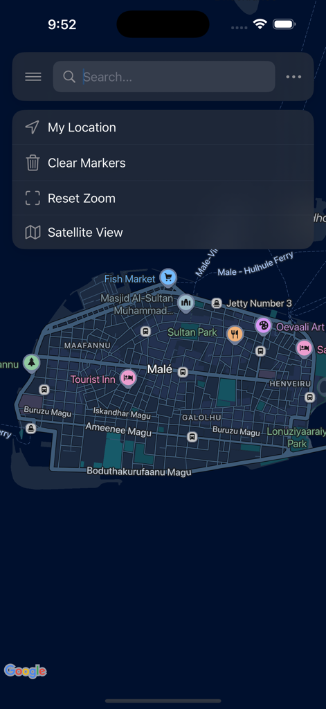 Male Map app interface showing a dark mode map of the capital city with points of interest and navigation menu options
