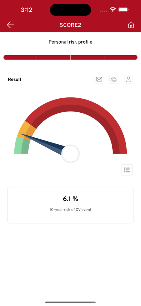 Pantalla del perfil de riesgo cardiovascular SCORE2 que muestra una estimación de riesgo del 6,1 por ciento a 10 años en un indicador visual