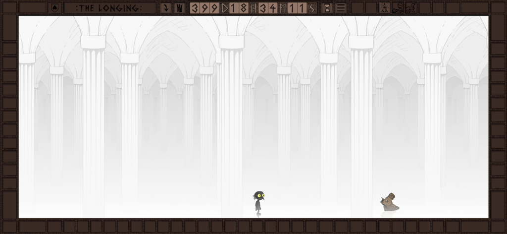 The Longing Mobile - El personaje Sombra de pie en una vasta sala de altas columnas blancas en The Longing Mobile