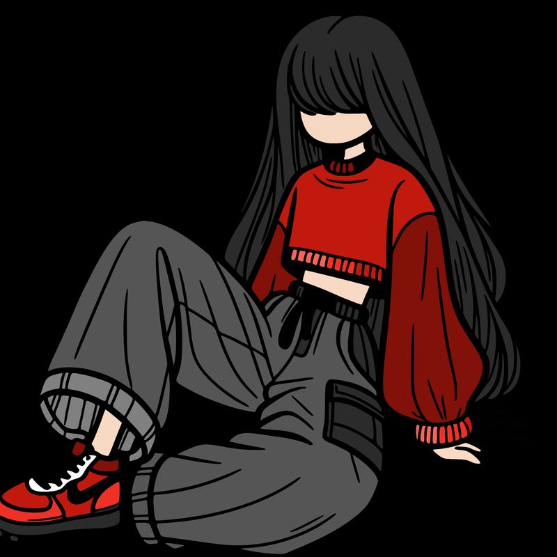 a girl with baggy pants and a crop top with long hair