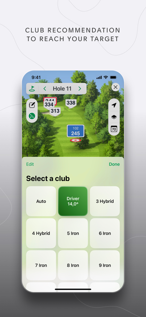 TAG Heuer Golf - GPS & 3D Maps - TAG Heuer Golf app interface showing a 3D course map with club recommendation tool for a precise shot.