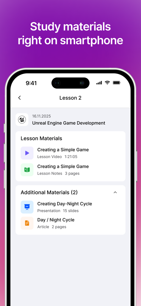 MyStat - MyStat mobile app showing lesson videos and notes for game development