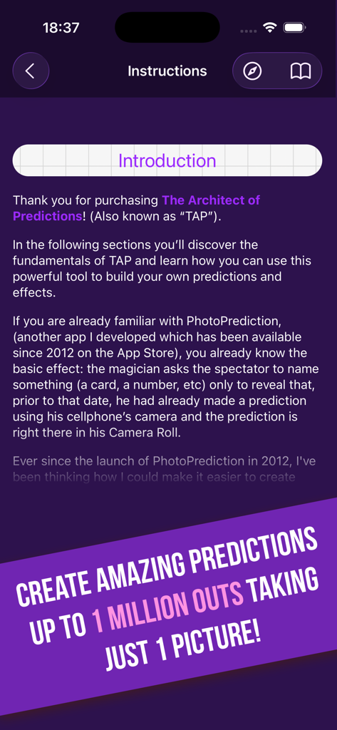 Introduction screen of The Architect of Predictions magic app showing performance instructions and feature highlights.
