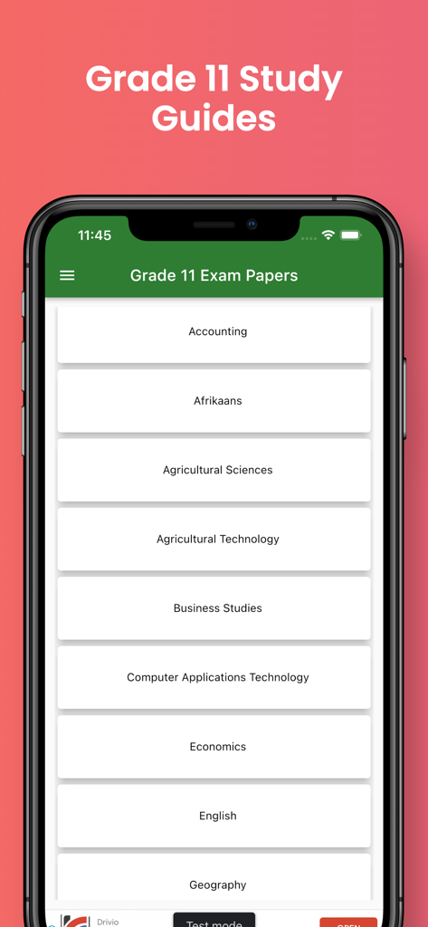 Mobile screen showing a list of Grade 11 subjects including Accounting Economics and English