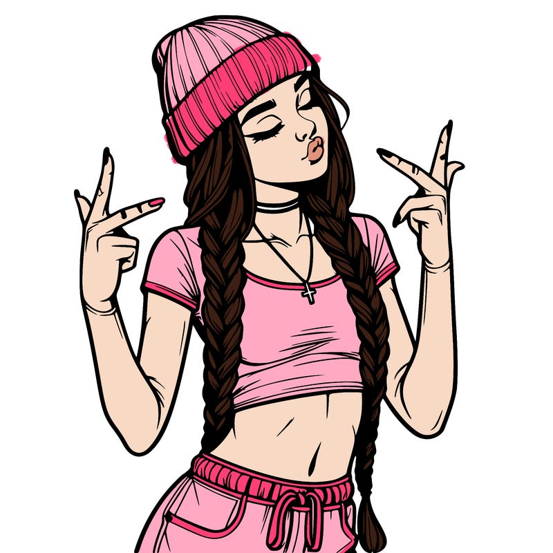 realistic teenage girl with braids and a beanie and crop top doing 🫶🏼
