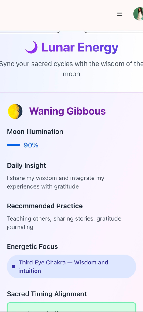 WombWisdom by Nourishment 101 - Lunar energy dashboard in the WombWisdom app showing waning gibbous moon phase and energetic focus details