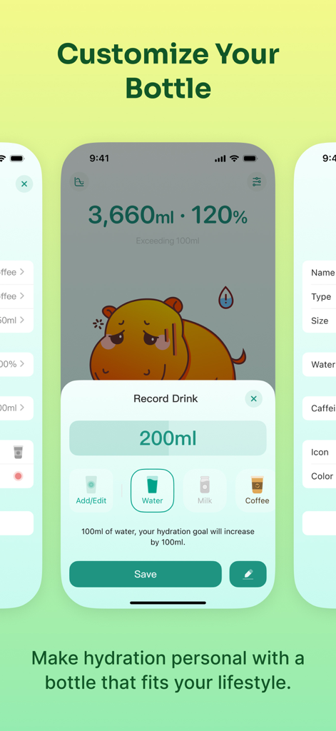 Water Alarm - Daily Reminder - Interface for customizing beverage types and recording intake in the Water Alarm app