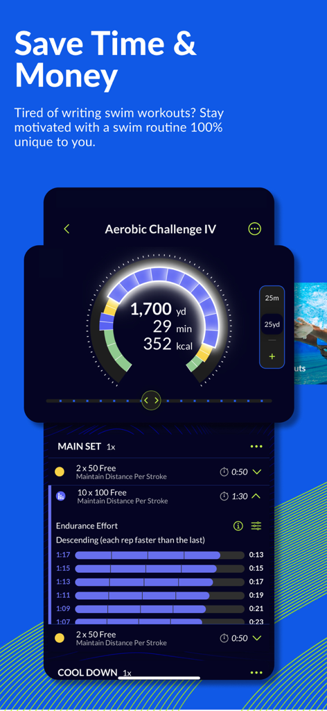 MySwimPro app interface showing a detailed swim workout plan with distance, time, calories, and specific sets like freestyle laps.