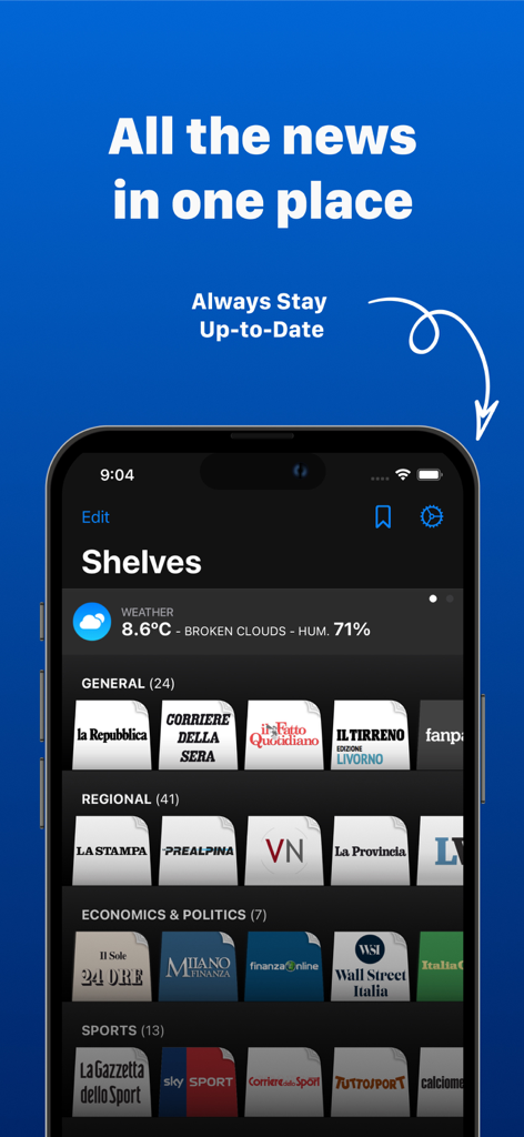 Italian Newspapers - Italian Newspapers mobile app showing a digital newsstand with multiple news categories and publication icons