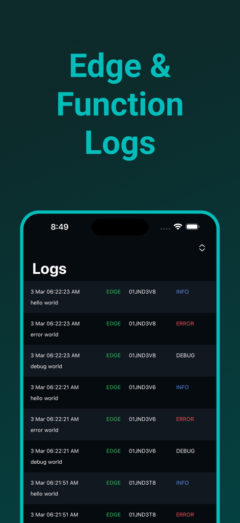 Dashify for Netlify.com - Dashify モバイルアプリインターフェースに Netlify エッジおよび関数ログが表示されています