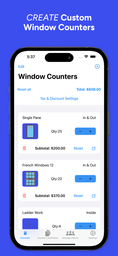 Window cleaning estimator app interface showing custom window counters and job price calculation