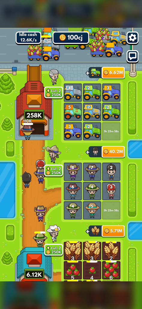 Idle Farm Tycoon - Merge Game - In game screenshot of Idle Farm Tycoon showing merge grids for farmers and crops