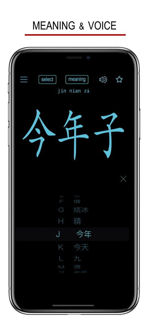 Screenshot dell'interfaccia di apprendimento dell'app Gan Chinese Dialect che mostra caratteri cinesi e pinyin.