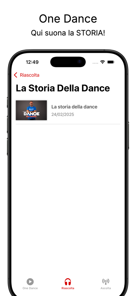 Radio One Dance - Radio One Dance app interface showing the history of dance music episodes available to listen again