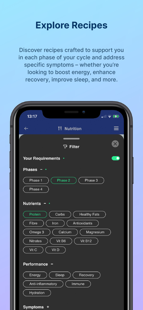 FitrWoman - Pantalla de filtros de nutrición de la app FitrWoman para recetas de rendimiento sincronizadas con el ciclo.