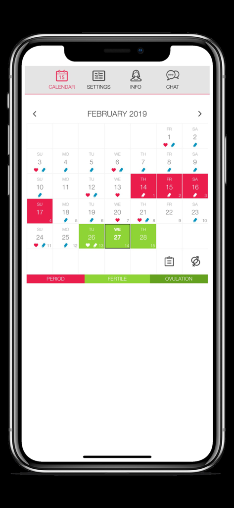 LADYTIMER Period Tracker - Ladytimer app interface displaying a menstrual cycle calendar with marked period and fertility days