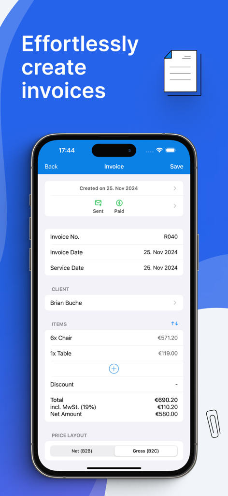 iPhone screen showing the BillMore app interface for creating a professional business invoice