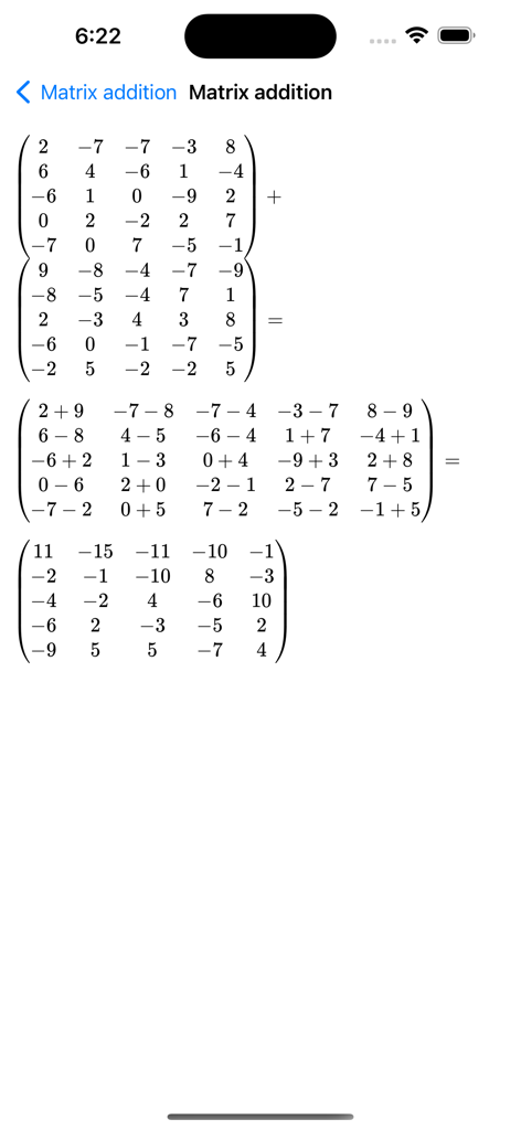 Schritt-für-Schritt-Berechnung der Matrixaddition, die die vollständige Lösung zeigt.