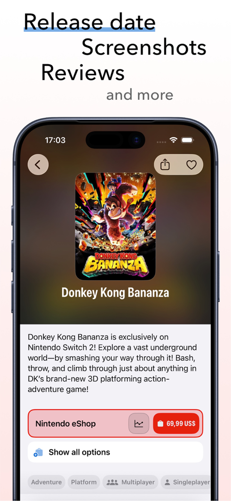 SwitchBuddy: Switch App - Interface of the SwitchBuddy app showing game details and eShop pricing for Donkey Kong Bananza.