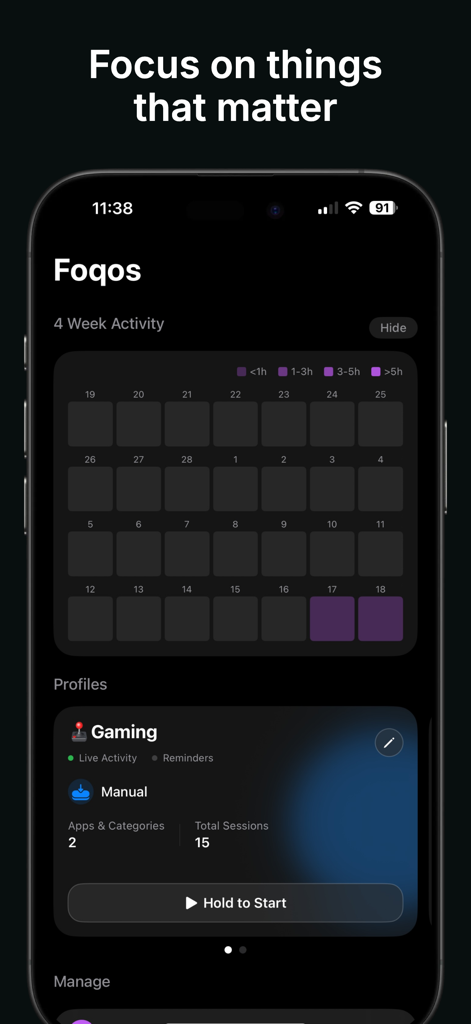 Interface of the Foqos productivity app showing a four week activity grid and a gaming focus profile setup.