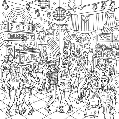 Immerse yourself in the joyful atmosphere of a Pride Month nightlife party with this dynamic coloring page. Featuring a diverse crowd, a DJ, and festive decorations, it’s a vibrant scene ready for your creative touch.