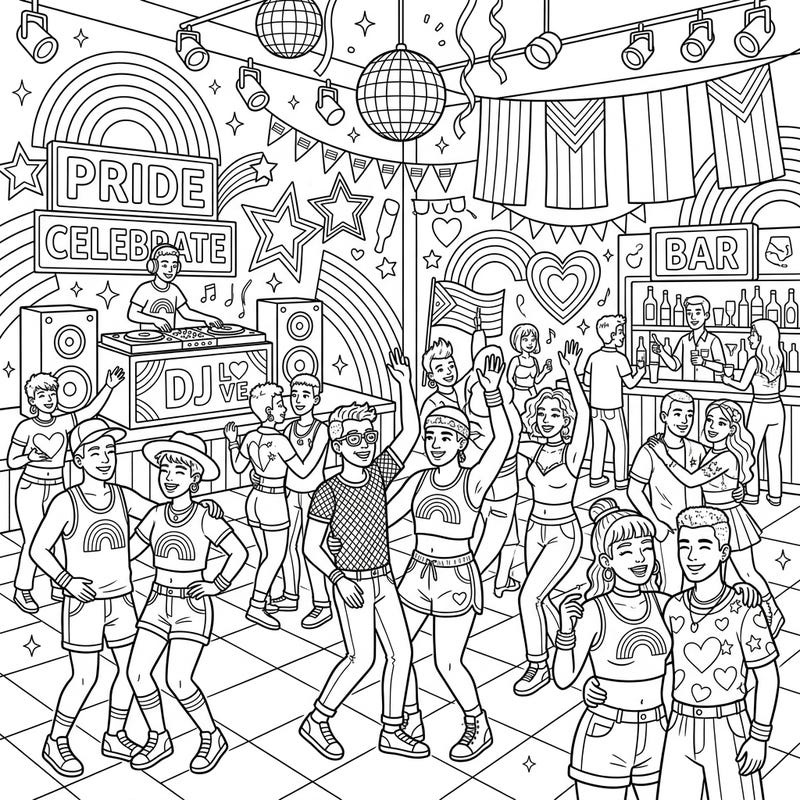 Immerse yourself in the joyful atmosphere of a Pride Month nightlife party with this dynamic coloring page. Featuring a diverse crowd, a DJ, and festive decorations, it’s a vibrant scene ready for your creative touch.