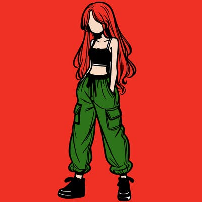 girl in baggy pants crop top and long hair