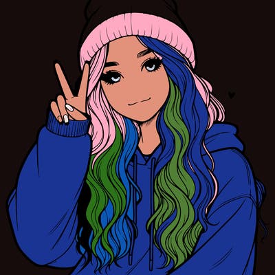 a teenage girl in a beanie, oversized sweatshirt, wavy long hair, and is showing a ✌️