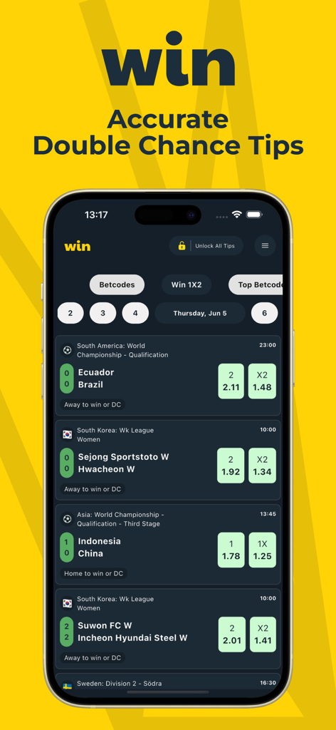 Win 1x2 Betting tips mobile app interface showing accurate double chance soccer match predictions and odds