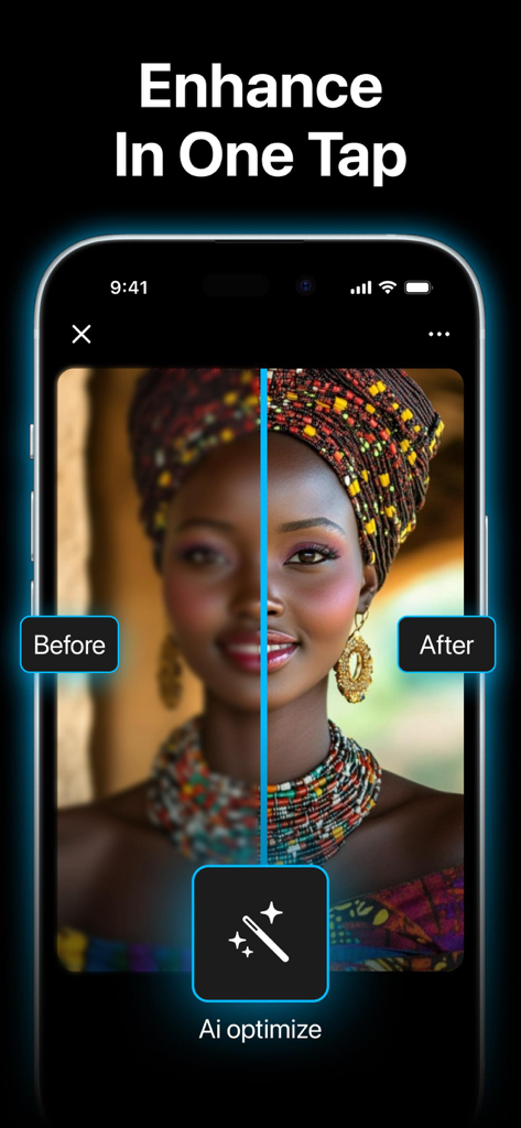 Pix AI Image Generator - Uma comparação antes e depois mostrando um retrato desfocado sendo aguçado e aprimorado com o recurso de otimização de um toque do Pix AI