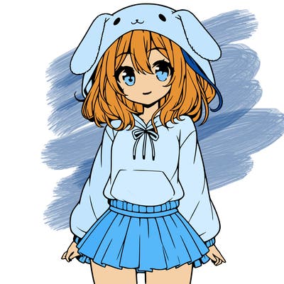 pretty anime girl wearing a fluffy hoodie with bunny ears on the hood and a skirt