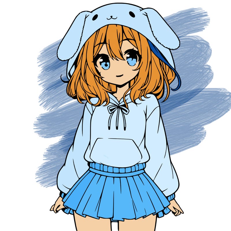pretty anime girl wearing a fluffy hoodie with bunny ears on the hood and a skirt