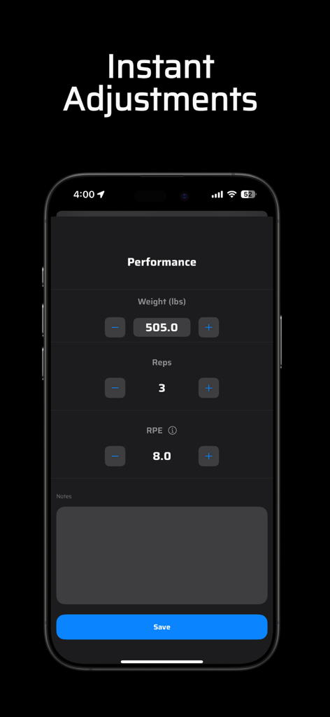 Schermata di registrazione delle prestazioni nell'app LiftLab con tracker di peso, ripetizioni e RPE