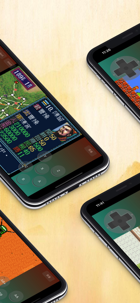 All-In-One Emulator-GBA NES MD - Multiple iPhones displaying classic video games on the All-In-One Emulator app interface.