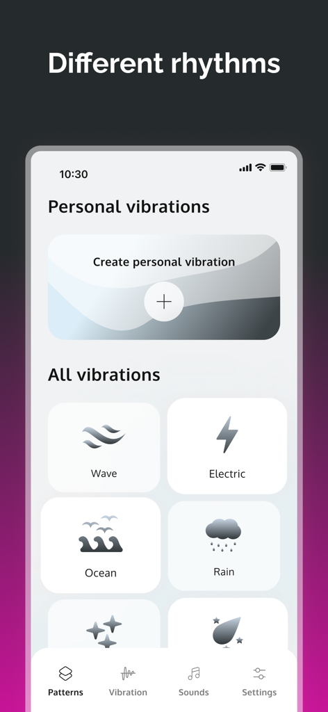 Strong Vibes app interface showing various vibration rhythm patterns like Wave and Electric.