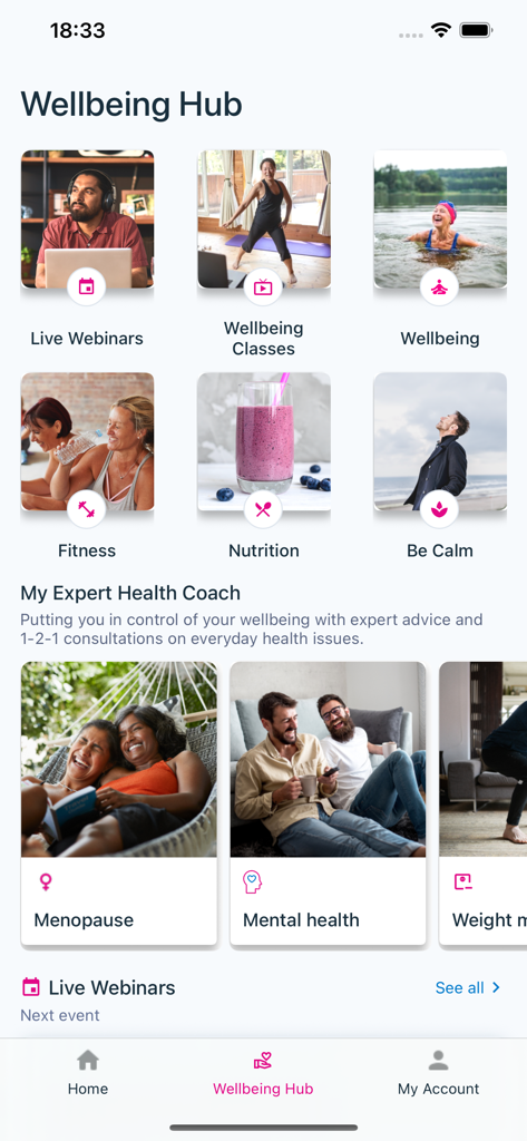 Benenden Health - Benenden Health app Wellbeing Hub interface with categories for fitness nutrition and mental health