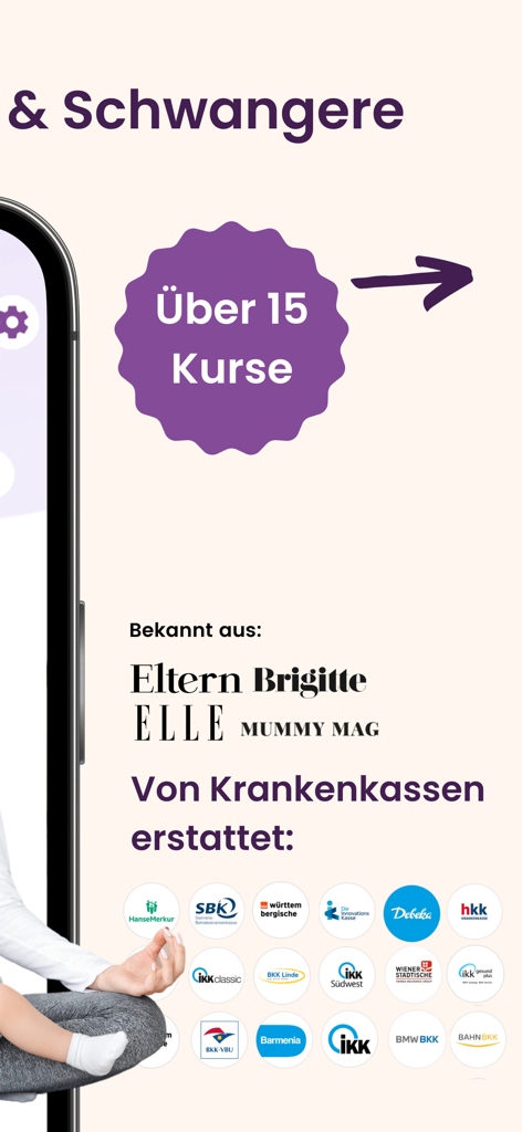 Mama: Stillen Rückbildung - Screenshot of the Keleya Mama app showing more than 15 courses and logos of German health insurance companies that reimburse the cost