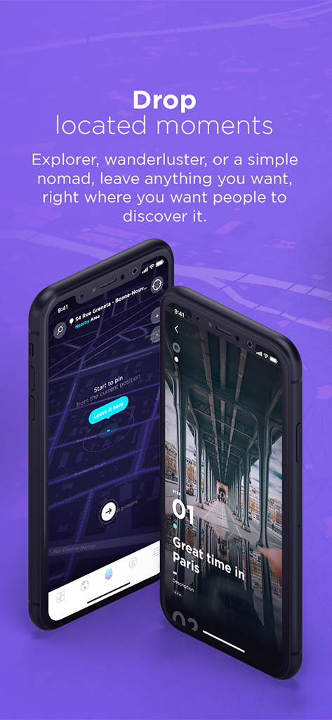 Drift app map interface for dropping located moments and memories