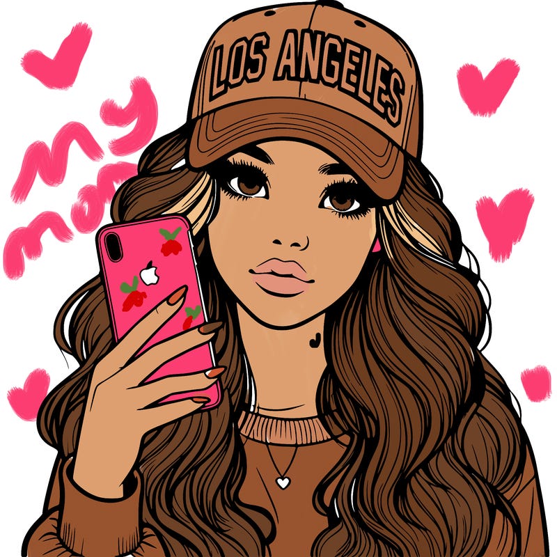 realistic beautiful girl wearing los ángeles cap holding an iphone