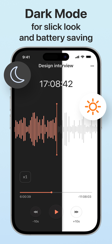 Voice Recorder - Dictaphone - Voice Recorder app interface showing a split screen comparison between dark mode and light mode