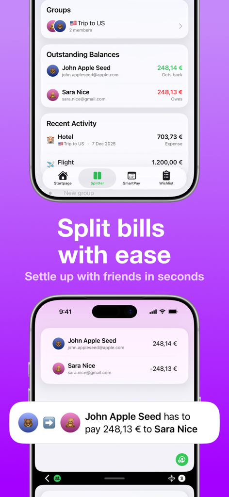 Financial - Manager & Tracker - Mobile app interface showing the Splitter feature to track and settle group expenses with friends.