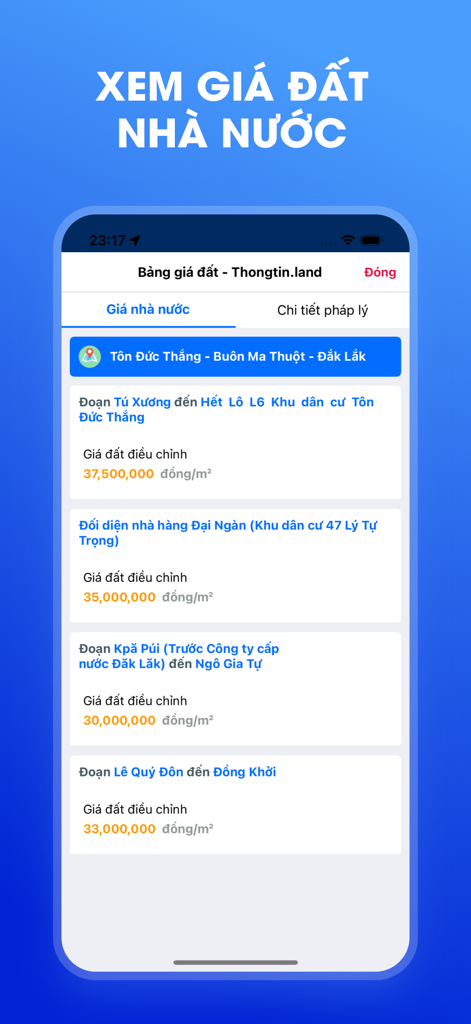 Interfaz móvil de la aplicación Thongtin.land que muestra los precios oficiales de terrenos estatales para propiedades en Vietnam.