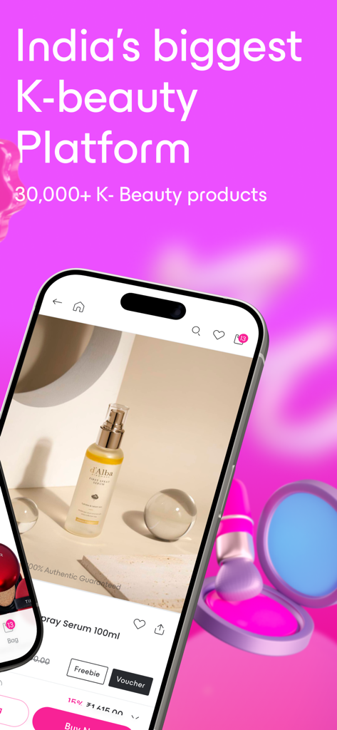 Maccaron skincare shopping - Interface do aplicativo Maccaron em uma tela de smartphone promovendo produtos de skincare K-beauty contra um fundo rosa.