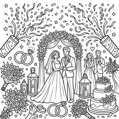 Immerse yourself in the joy of a wedding day with this beautiful coloring page featuring a happy couple, festive confetti cannons, and elegant details. It's the perfect way to relax and celebrate love with your creative touch.