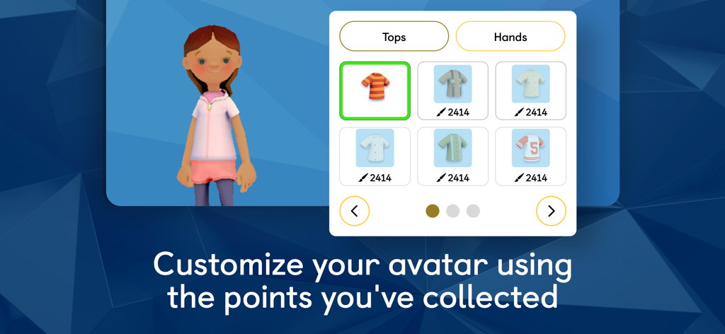 A 3D character avatar being customized with different shirts in the Navio educational app