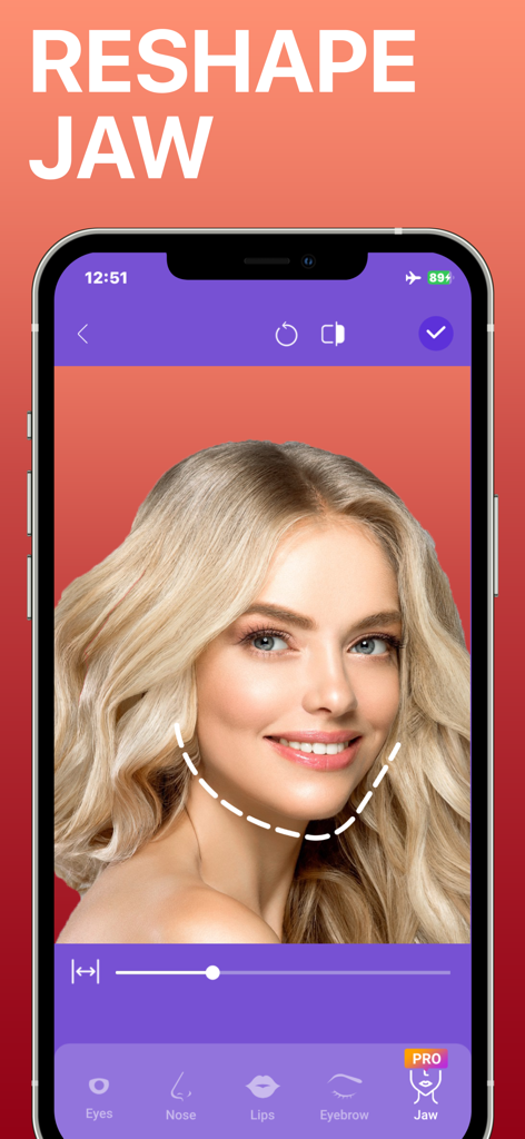 BeautyTune - Blemish Remover - El rostro de una mujer en la aplicación BeautyTune con una línea discontinua resaltando su mandíbula para remodelarla