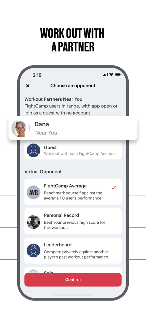 Interface for choosing a workout partner or virtual opponent in the FightCamp app