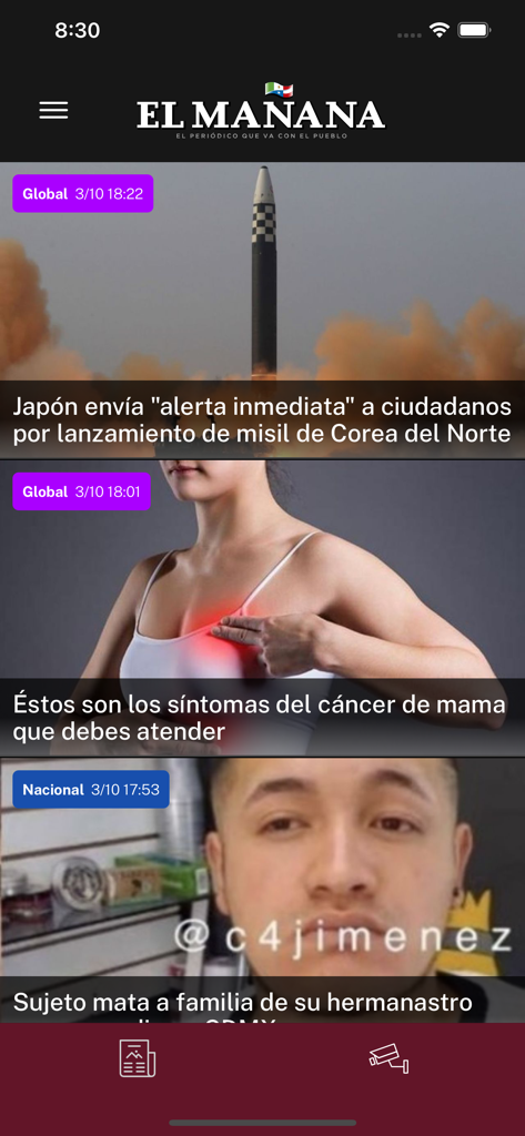 El Mañana de Nuevo Laredo - Fuente de noticias de la aplicación El Mañana de Nuevo Laredo mostrando titulares sobre eventos globales y salud en español.