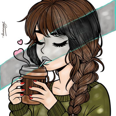 realistic girl drinking coffee